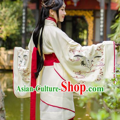 Chinese Ancient Hanfu Dress Crane Embroidery and Headpieces Complete Set for Women