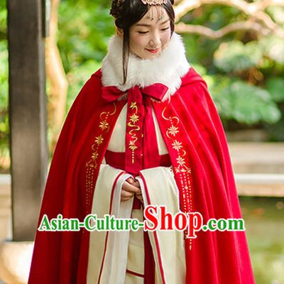 Chinese Ancient Hanfu Dress Crane Embroidery and Cape and Headpieces Complete Set for Women