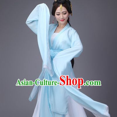 Light Blue Ancient Chinese Long Sleeves Dance Costumes Complete Set for Women