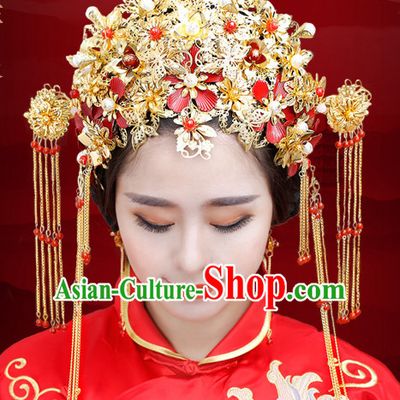Traditional Chinese Princess Brides Wedding Headpieces Hair Jewelry Decorations Hairpins Phoenix Crown