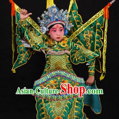 Green Chinese Classic Peking Opera Costume Beijing Opera Costumes Wusheng Armor Complete Set for Adults Kids Men Boys