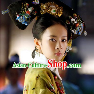 Qing Dynasty Manchu Empress Black Wigs and Head Wear Headpieces Hair Jewelry