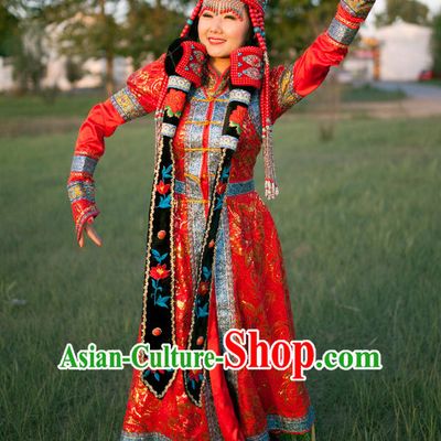 Ancient Chinese Mongolian Princess Clothing Garment Clothing and Hat Headpieces Complete Set