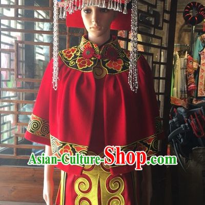 Chinese Folk Ethnic Traditional Dress Garment and Hat Complete Set for Women