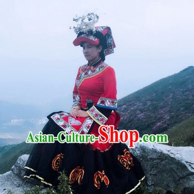 Chinese Folk Ethnic Traditional Clothes and Hat Complete Set for Women