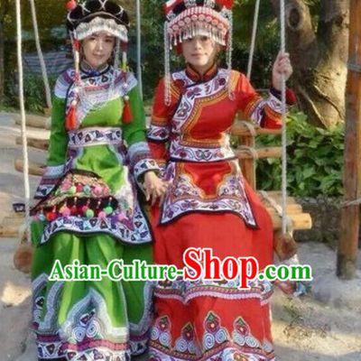 Red Chinese Folk Ethnic Traditional Clothes and Hat Complete Set for Women