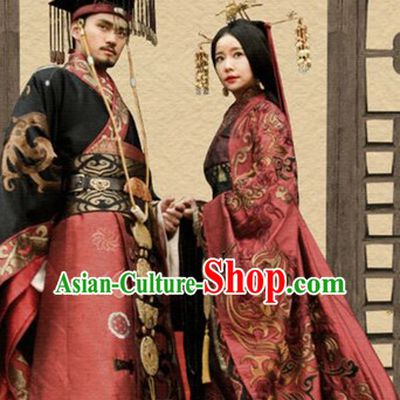 Chinese Ancient Han Dynasty Empress and Emperor Stage Costumes and Hair Accessories Complete Set