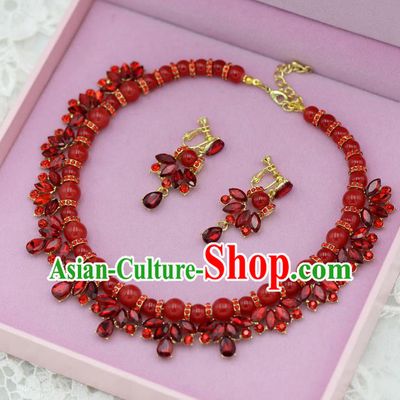 Traditional Wedding Jewelry Accessories, Palace Princess Bride Accessories, Engagement Necklaces, Wedding Earring, Baroco Style Red Crystal Necklace Set for Women