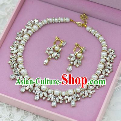 Traditional Wedding Jewelry Accessories, Palace Princess Bride Accessories, Engagement Necklaces, Wedding Earring, Baroco Style Pearl Crystal Necklace Set for Women