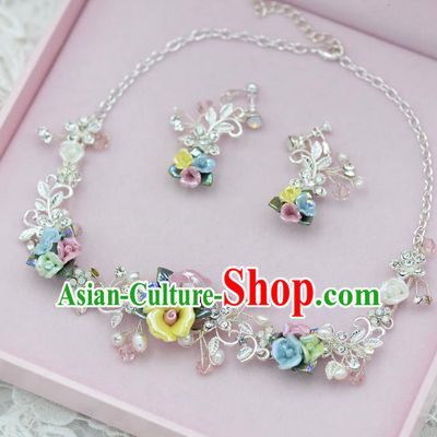 Traditional Wedding Jewelry Accessories, Palace Princess Bride Accessories, Engagement Necklaces, Wedding Earring, Baroco Style Porcelain Flowers Necklace Set for Women