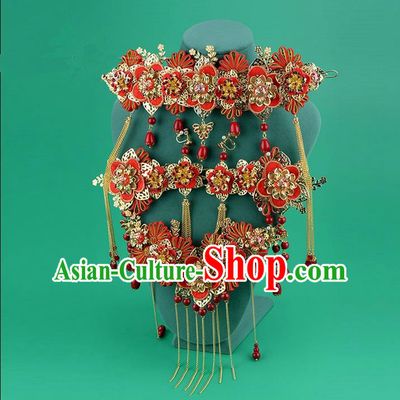 Chinese Ancient Style Hair Jewelry Accessories, Hairpins, Hanfu Xiuhe Suits Wedding Bride Headwear, Headdress, Imperial Empress Handmade Phoenix Hair Fascinators Set for Women