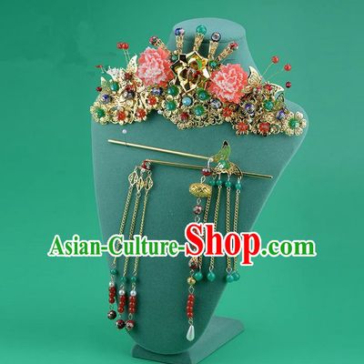 Chinese Ancient Style Hair Jewelry Accessories, Hairpins, Hanfu Xiuhe Suits Wedding Bride Headwear, Headdress, Imperial Empress Handmade Phoenix Hair Fascinators Set for Women