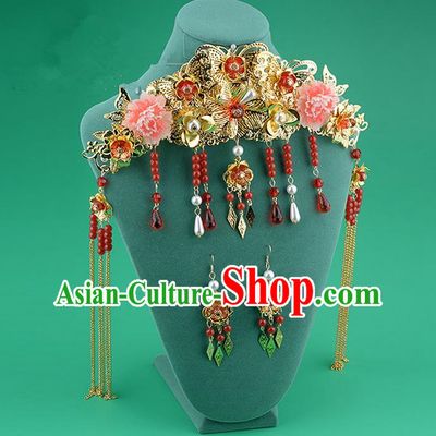 Chinese Ancient Style Hair Jewelry Accessories, Hairpins, Hanfu Xiuhe Suits Wedding Bride Headwear, Headdress, Imperial Empress Handmade Phoenix Hair Fascinators Set for Women