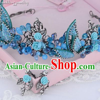 Traditional Jewelry Accessories, Palace Princess Bride Royal Crown, Engagement Royal Crown, Wedding Hair Accessories, Baroco Style Crystal Blue Headwear for Women