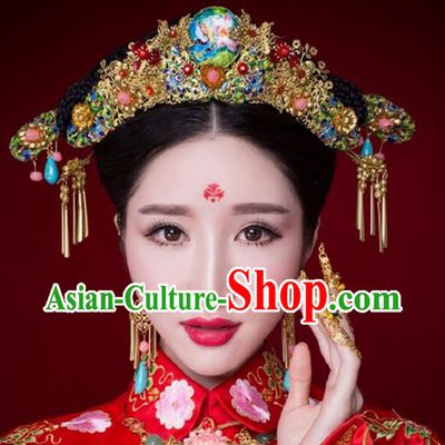 Chinese Ancient Style Hair Jewelry Accessories, Hairpins, Hanfu Xiuhe Suits Wedding Bride Headwear, Headdress, Imperial Empress Handmade Phoenix Hair Fascinators Set for Women
