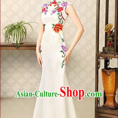 Ancient Chinese Wedding Costumes Complete Set, Unique Design Fish Tail Wedding Cheongsam for Brides, Qipao for Women