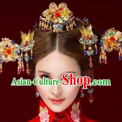 Chinese Ancient Style Hair Jewelry Accessories, Hairpins, Hanfu Xiuhe Suits Wedding Bride Headwear, Traditional China Cloisonn Headdress, Imperial Empress Handmade Hair Fascinators for Women
