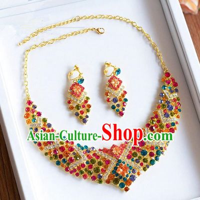 Traditional Jewelry Accessories, Palace Princess Wedding Accessories, Baroco Style Colorful Crystal Earrings and Necklace Set for Women