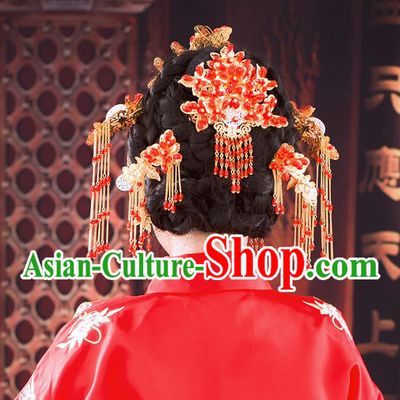 Chinese Ancient Style Hair Jewelry Accessories, Hairpins, Hanfu Xiuhe Suits Wedding Bride Headwear, Headdress, Imperial Empress Handmade Hair Fascinators Set for Women