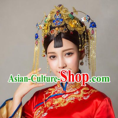 Chinese Ancient Style Hair Jewelry Accessories, Hairpins, Hanfu Xiuhe Suits Wedding Bride Headwear, Headdress, Imperial Empress Handmade Cloisonn Hair Fascinators Set for Women