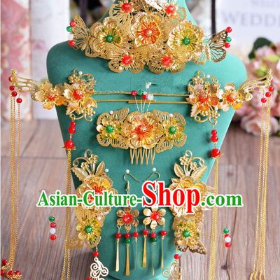 Chinese Ancient Style Hair Jewelry Accessories, Hairpins, Hanfu Xiuhe Suits Wedding Bride Headwear, Headdress, Imperial Empress Handmade Hair Fascinators Set for Women