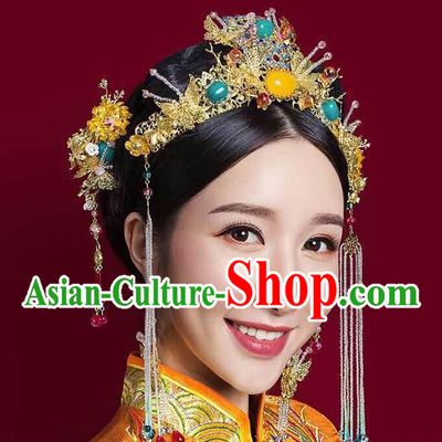 Chinese Ancient Style Hair Jewelry Accessories, Hairpins, Hanfu Xiuhe Suits Wedding Bride Headwear, Headdress, Imperial Empress Handmade Hair Fascinators Set for Women