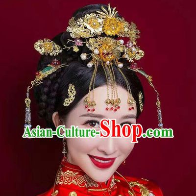 Chinese Ancient Style Hair Jewelry Accessories, Hairpins, Hanfu Xiuhe Suits Wedding Bride Headwear, Headdress, Imperial Empress Handmade Hair Fascinators Set for Women