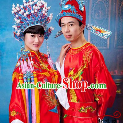 Traditional Chinese Wedding Dress Bride Groom Men Women Ancient Chinese Princess Prince Phoenix Coronet Shawl Zhuang Yuan Headwearing