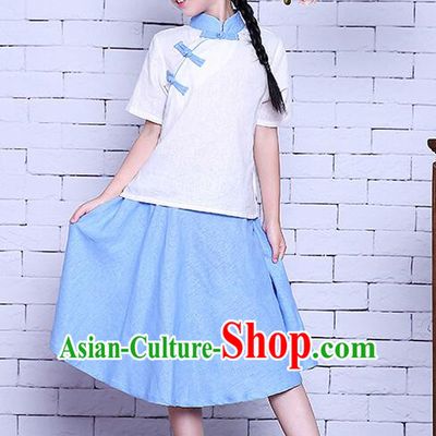 Girl Dress Chinese Traditional Clothes Stage Ceremonial Costumes Kid Show Ancient Wearing Women White Top Blue Skirt Summer