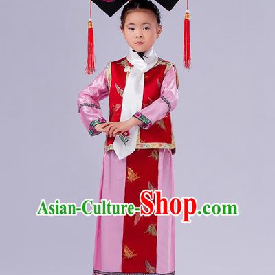 Ancient Chinese Palace Costumes Complete Set, Traditional Qing Dynasty Ancient Princess Skirt, Manchu Children Clothing, Cosplay Manchu Princess Dress Suits for Kids