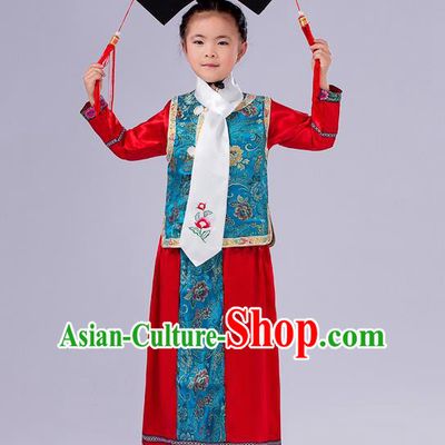 Ancient Chinese Palace Costumes Complete Set, Traditional Qing Dynasty Ancient Princess Skirt, Manchu Children Clothing, Cosplay Manchu Princess Dress Suits for Kids