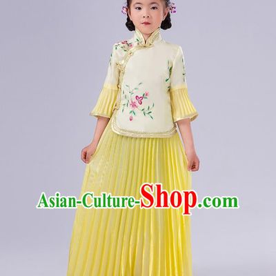 Traditional Chinese Costumes Complete Set, Qing Dynasty Ancient Princess Skirt,  Republic of China National Costume, Guzheng Classical Dance Performance Clothing for Kids
