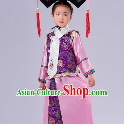 Ancient Chinese Palace Costumes Complete Set, Traditional Qing Dynasty Ancient Princess Skirt, Manchu Children Clothing, Cosplay Manchu Princess Dress Suits for Kids