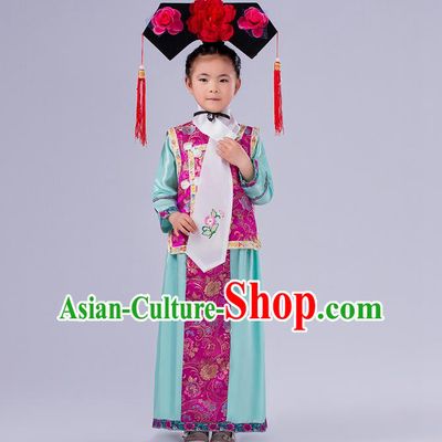 Ancient Chinese Palace Costumes Complete Set, Traditional Qing Dynasty Ancient Princess Skirt, Manchu Children Clothing, Cosplay Manchu Princess Dress Suits for Kids