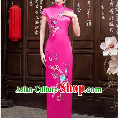 Ancient Chinese Costumes, Manchu Clothing Qipao, Improved Long Silk Mandarin Collar Embroidered Cheongsam, Traditional Cheongsam Wedding Toast Dress for Bride