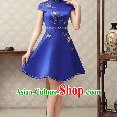 Ancient Chinese Costumes, Manchu Clothing Qipao, Hotel Etiquette Improved Short Cheongsam, Traditional Red Cheongsam Wedding Toast Dress for Bride