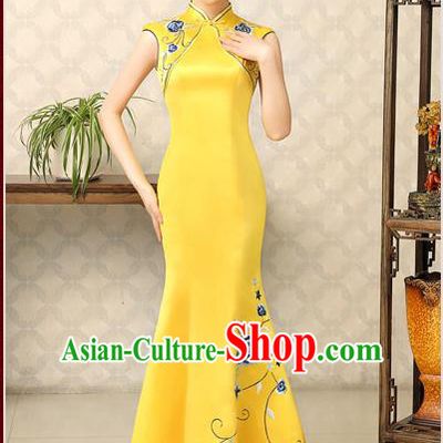 Ancient Chinese Costumes, Manchu Clothing Qipao, Improved Long Silk Cheongsam, Traditional Fish Tail Cheongsam Wedding Toast Dress for Bride
