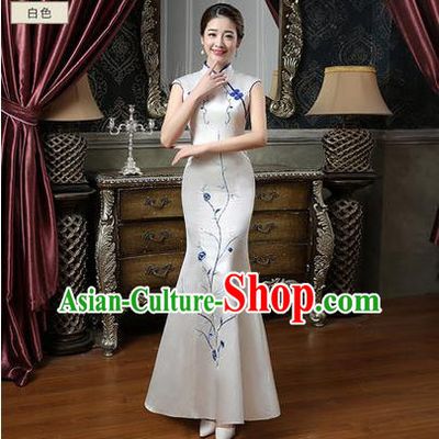 Ancient Chinese Costumes, Manchu Clothing Qipao, Retro Mandarin Collar Embroidered Silk Long Cheongsam, Traditional Fish Tail Cheongsam Wedding Toast Dress for Bride
