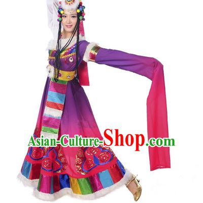 Traditional Chinese Zang Nationality Dancing Costume, Folk Dance Ethnic Costume, Chinese Minority Nationality Tibetan Dance Costume for Women