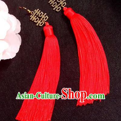 Chinese Wedding Jewelry Accessories, Traditional Xiuhe Suits Wedding Bride Earrings, Ancient Chinese Red Tassel Flowers Earrings
