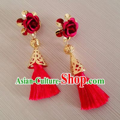 Chinese Wedding Jewelry Accessories, Traditional Xiuhe Suits Wedding Bride Earrings, Ancient Chinese Red Tassel Earrings