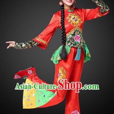 Traditional Chinese Yangge Fan Dancing Costume, Folk Dance Yangko Costume for Women