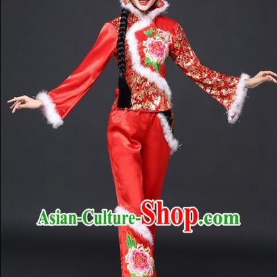Traditional Chinese Yangge Fan Dancing Costume, Folk Dance Yangko Costume for Women