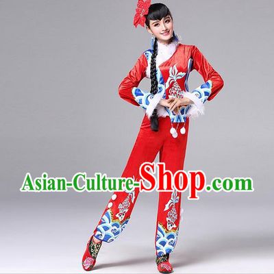 Traditional Chinese Yangge Fan Dancing Costume, Folk Dance Yangko Costume for Women