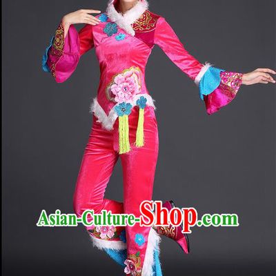 Traditional Chinese Yangge Fan Dancing Costume, Folk Dance Yangko Costume for Women