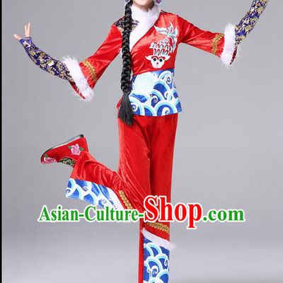 Traditional Chinese Yangge Fan Dancing Costume, Folk Dance Yangko Costume for Women