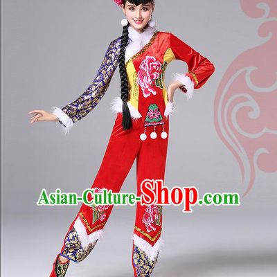Traditional Chinese Yangge Fan Dancing Costume, Folk Dance Yangko Costume for Women