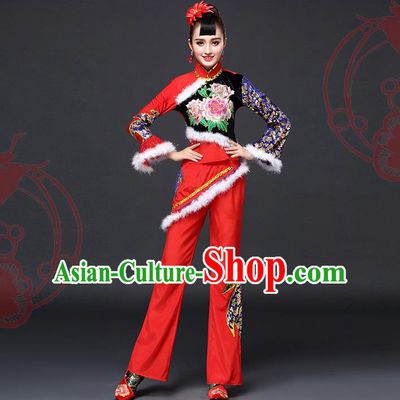 Traditional Chinese Yangge Fan Dancing Costume, Folk Dance Yangko Costume for Women
