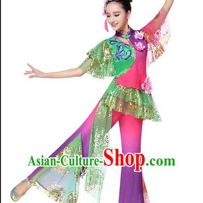 Traditional Chinese Yangge Fan Dancing Costume, Folk Dance Yangko Costume for Women