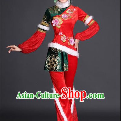 Traditional Chinese Yangge Fan Dancing Costume, Folk Dance Yangko Costume for Women